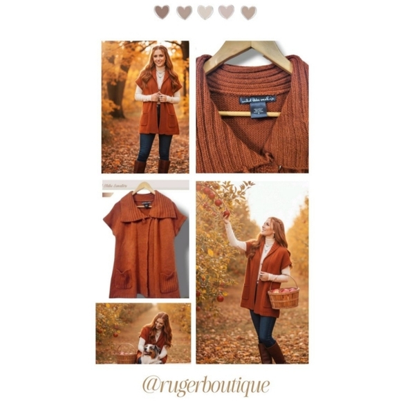 🌿United States Sweaters Women's Med Pumpkin Orange Short Sleeve Knit Cardigan - Picture 13 of 15